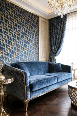 Light Retro Blue and Gold Geometric Jacquard Velvet Fabric For Sofa