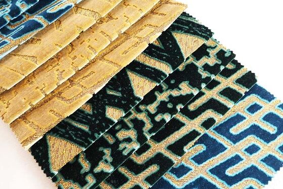 Light Retro Blue and Gold Geometric Jacquard Velvet Fabric For Sofa