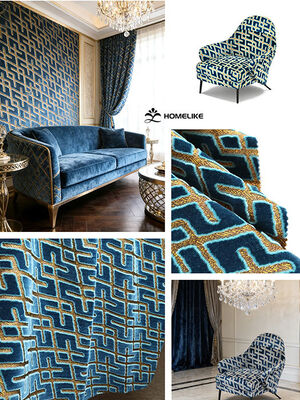 Light Retro Blue and Gold Geometric Jacquard Velvet Fabric For Sofa