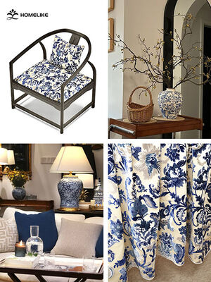Oriental-style Blue And White Porcelain Patterns Jacquard Velvet For Sofa