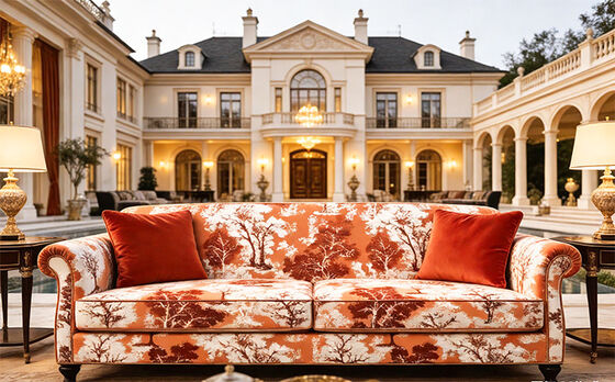 French Neoclassical Style Orange-Red Artistic Tree Jacquard Velvet Fabric For Sofa