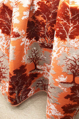 French Neoclassical Style Orange-Red Artistic Tree Jacquard Velvet Fabric For Sofa