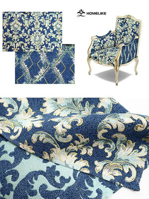 Luxury Blue-Gold Damask & Geometric AB Jacquard Fabric
